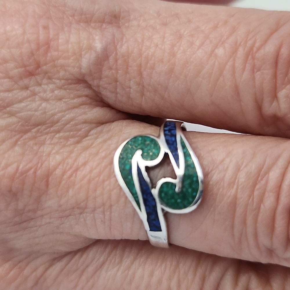 Vintage Taxco Inlay Turquoise Wave Ring 925 Sterling Silver - Picture 2 of 2